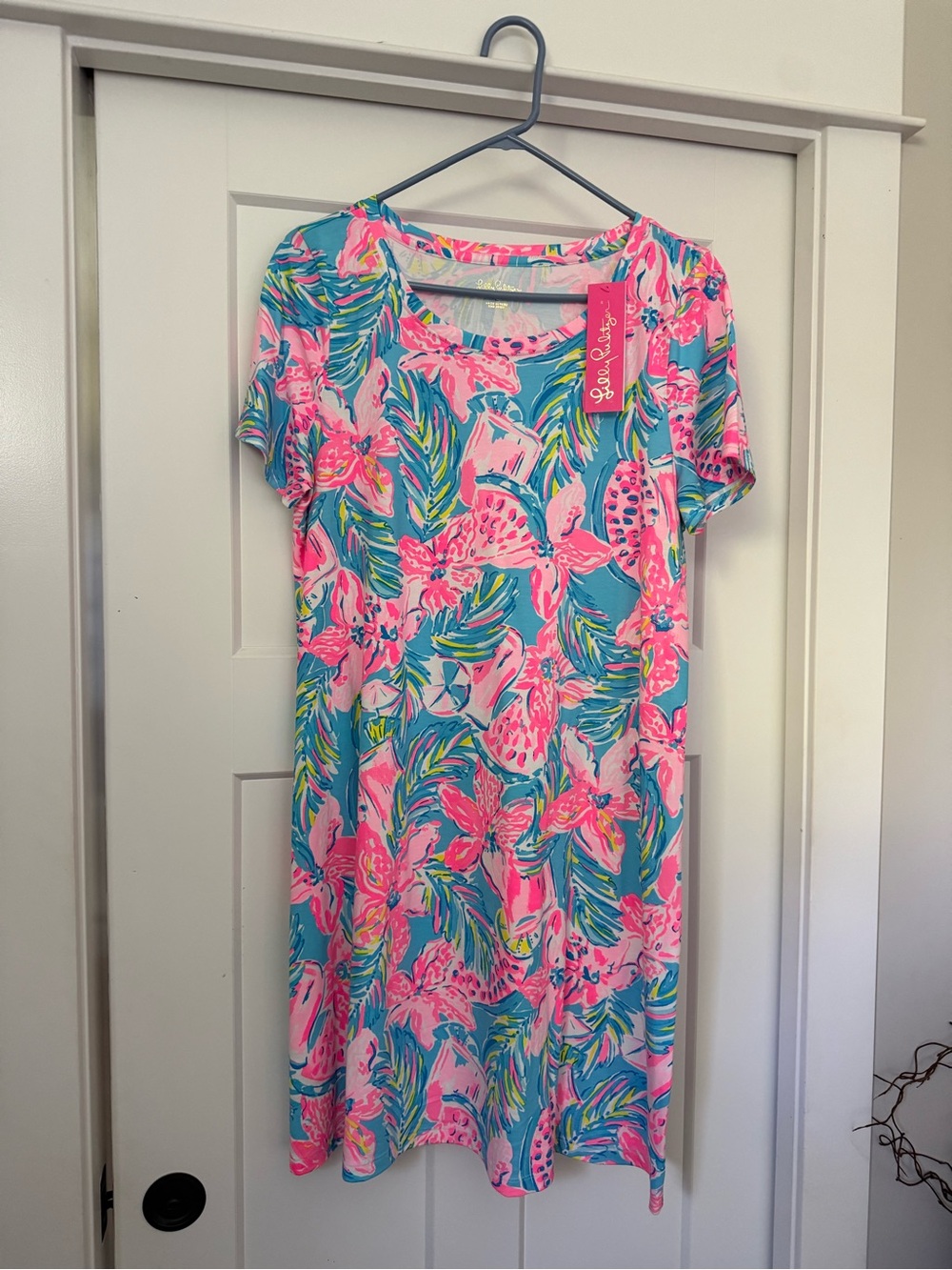 Lilly Pulitzer Tropical Pink and Teal Short Sleeve Dress size L NWT